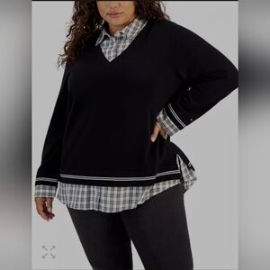 Tommy Hilfiger Black V-Neck Layered Sweater with Plaid Shirt Detail